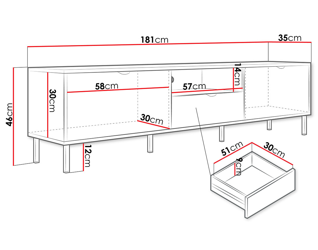 Meuble tv 181 cm 2 portes et 1 tiroir Hope