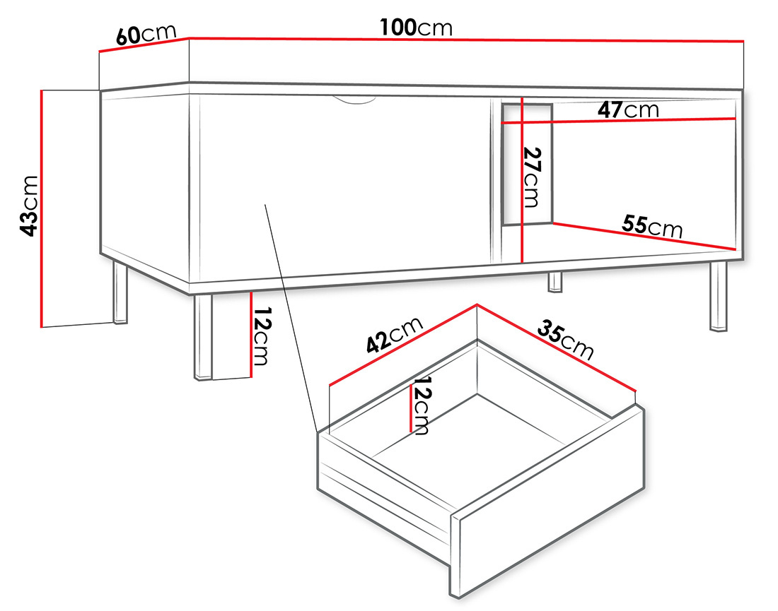 Table basse 100 cm 1 tiroir et 1 niche Hope