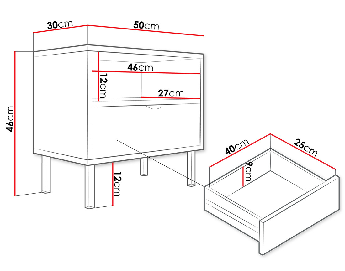 Table de chevet 50 cm 1 tiroir et 1 niche Hope
