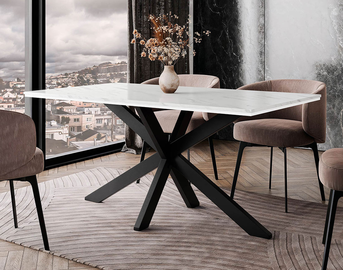 Table à manger plateau effet marbre pieds en métal 4 à 6 personnes Tom