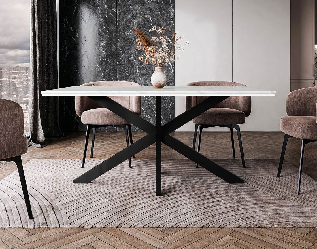 Table à manger plateau effet marbre pieds en métal 4 à 6 personnes Tom