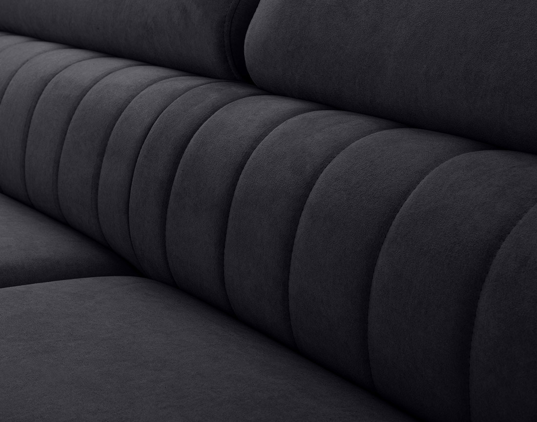 Canapé d'angle gauche 5 places convertible, coffre, têtières en velours Aneta