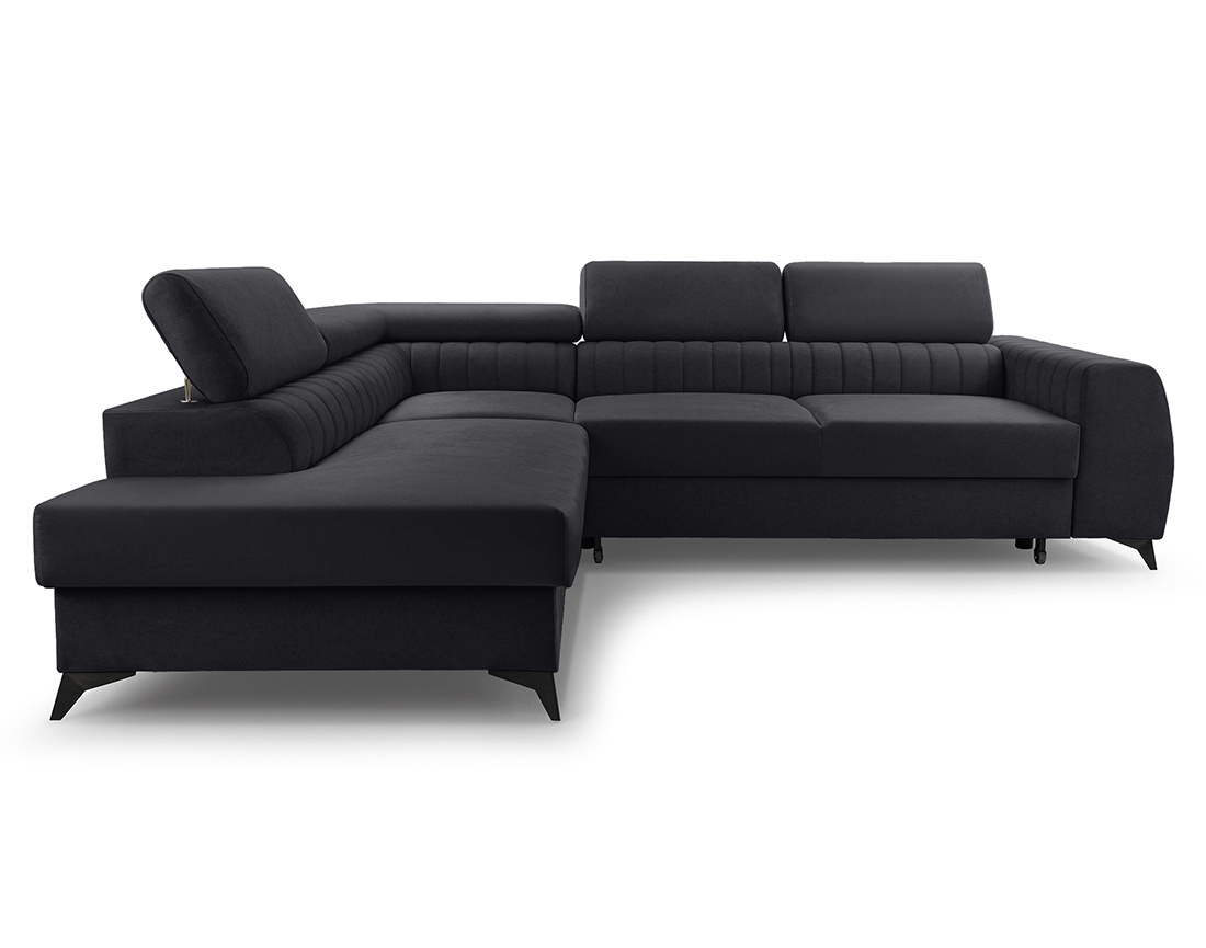 Canapé d'angle gauche 5 places convertible, coffre, têtières en velours Aneta
