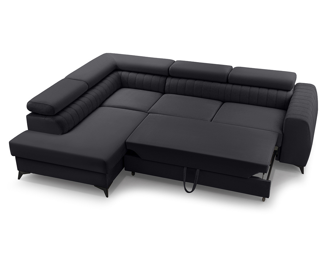 Canapé d'angle gauche 5 places convertible, coffre, têtières en velours Aneta