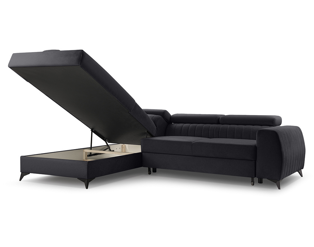 Canapé d'angle gauche 5 places convertible, coffre, têtières en velours Aneta
