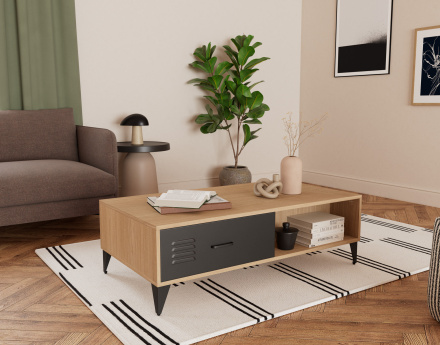 Table basse bois et métal noir 1 tiroir et 1 niche 110 cm Tribeca