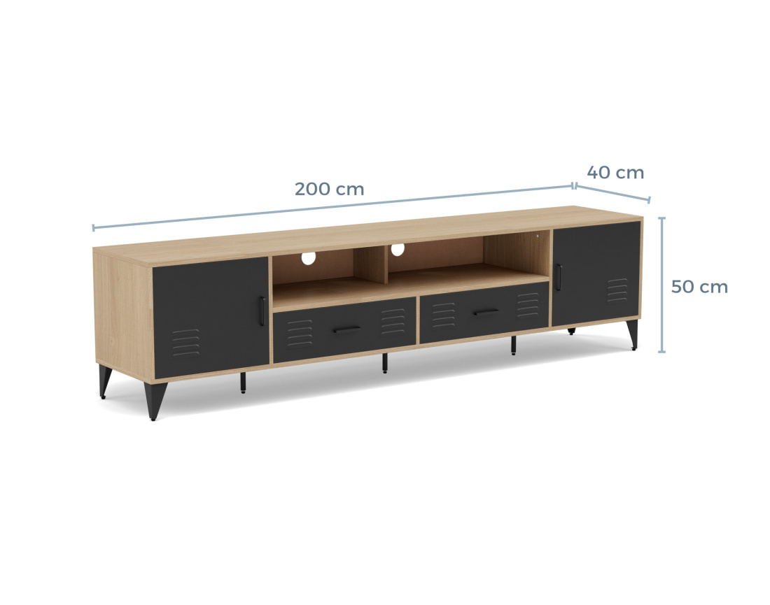 Meuble tv bois et métal noir 2 portes et 2 tiroirs 200 cm Tribeca