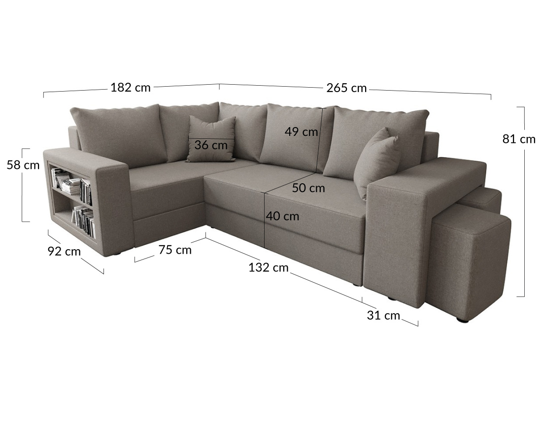 Canapé d'angle gauche 4 places convertible avec coffre, étagère et poufs en tissu Libbie