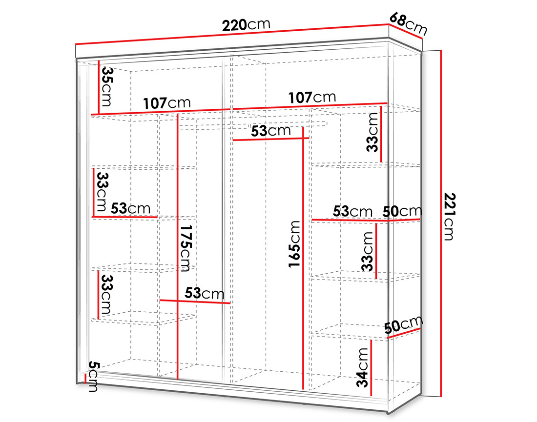 Armoire 2 portes coulissantes led et miroir inclus 220x221 cm Kimi