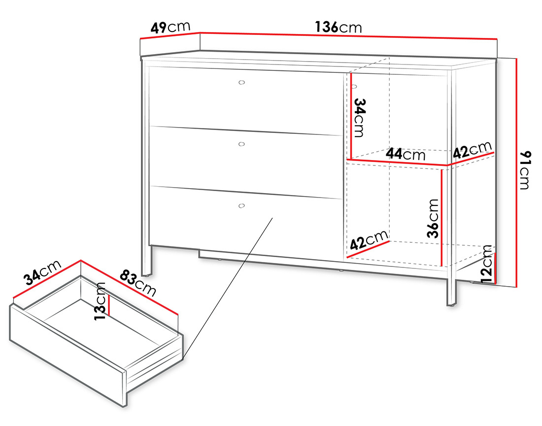 Commode 3 tiroirs et 1 porte led inclus Kimi