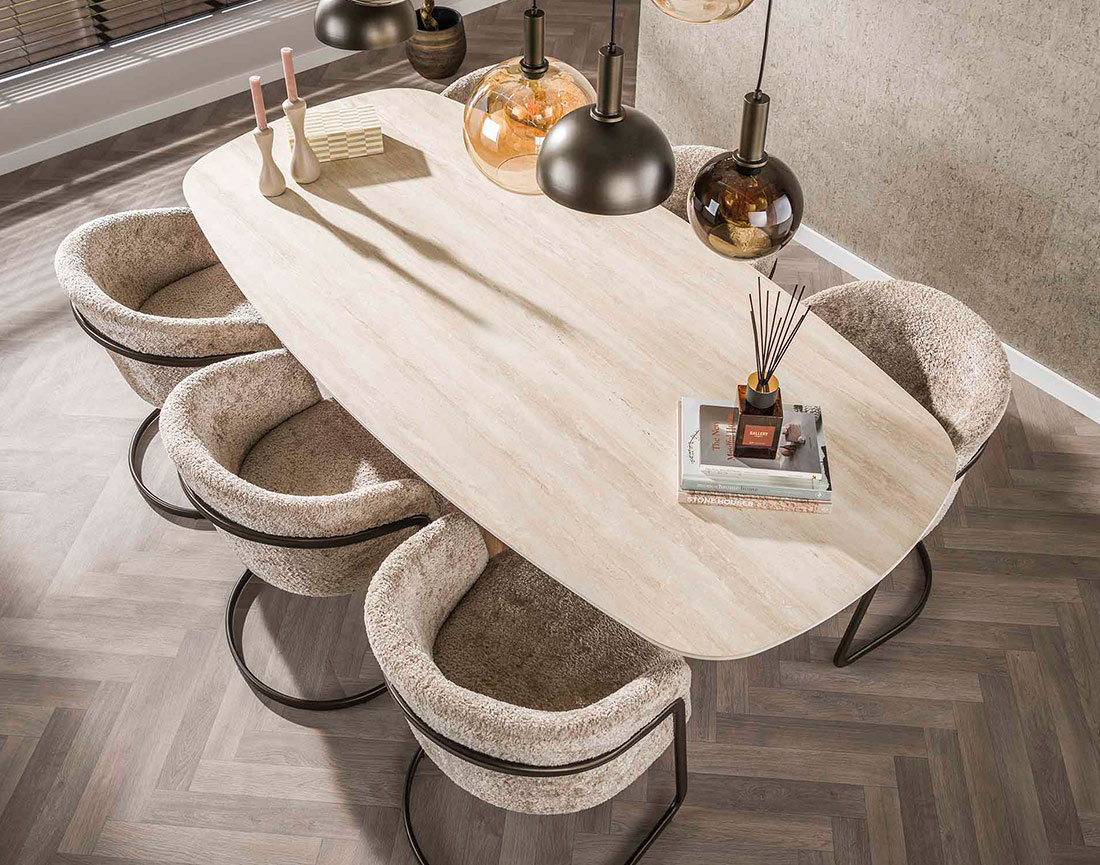 Table à manger plateau effet travertin 4 à 8 personnes Amara