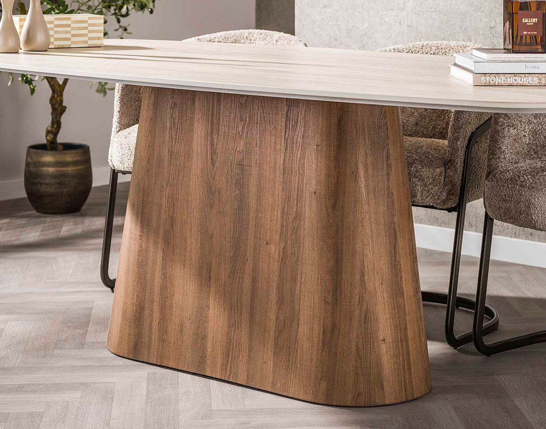 Table à manger plateau effet travertin 4 à 8 personnes Amara