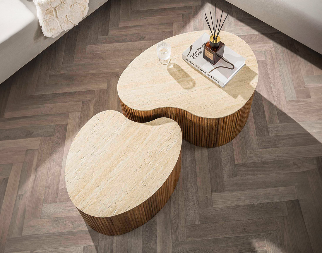 Lot de 2 tables basses gigognes effet travertin pieds en bois massif de manguier Jade