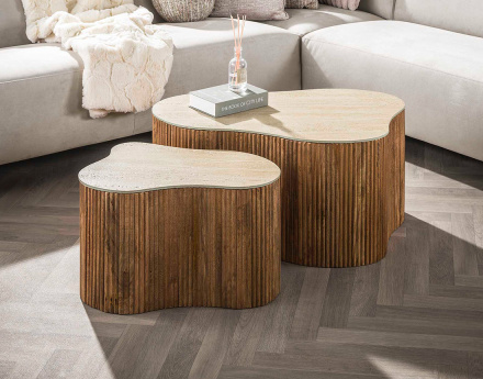 Lot de 2 tables basses gigognes effet travertin pieds en bois massif de manguier Jade
