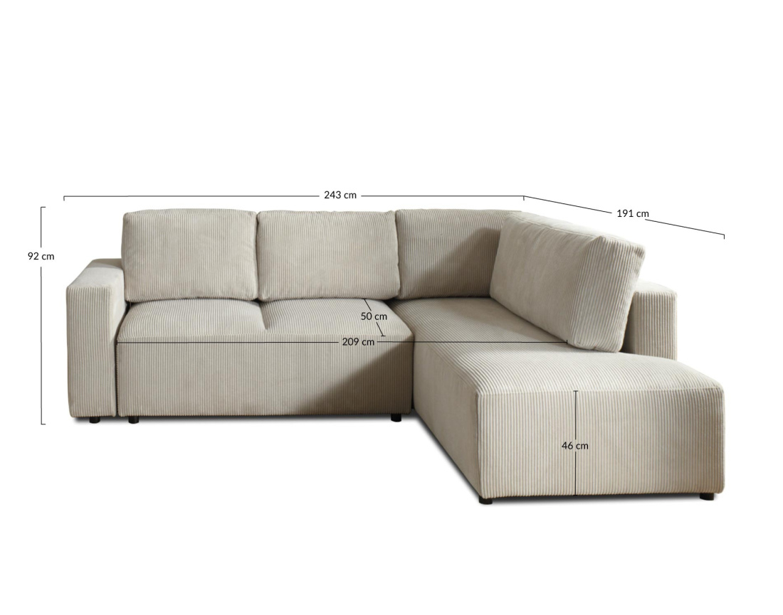 Canapé d'angle droit 5 places convertible avec coffre en velours côtelé Livy