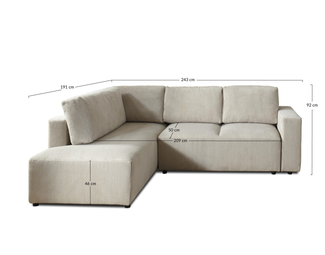 Canapé d'angle gauche 5 places convertible avec coffre en velours côtelé Livy