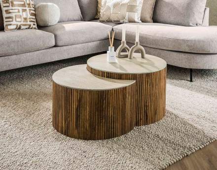 Lot de 2 tables basses gigognes effet travertin pieds en bois massif de manguier Jade