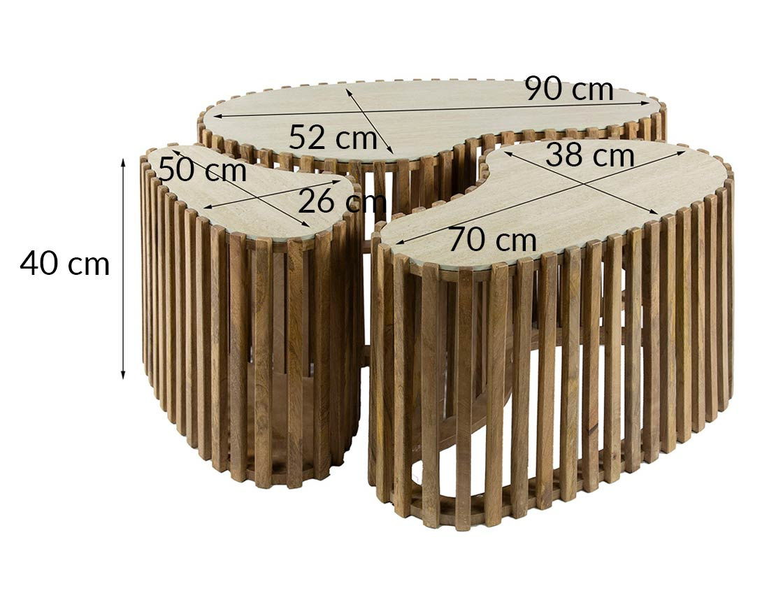 Lot de 3 tables basses gigognes effet travertin pieds en bois massif de manguier Jade