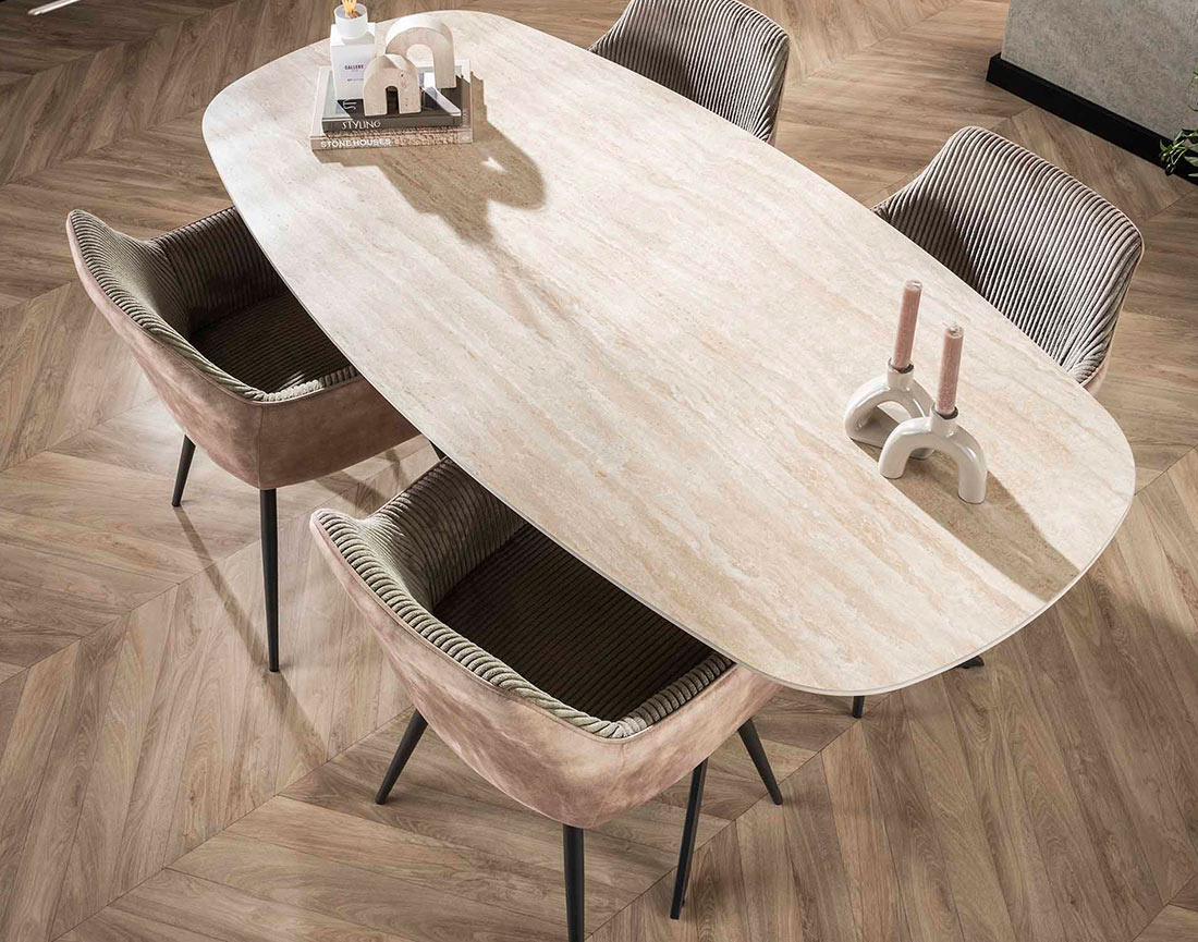 Table à manger plateau en céramique effet travertin pieds en acier 4 à 6 personnes Ruben