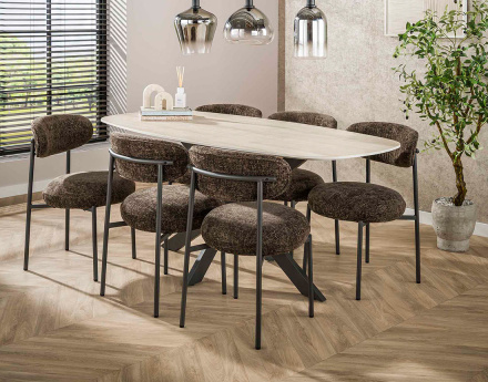 Table à manger plateau en céramique 3D effet travertin pieds en acier 4 à 6 personnes Ruben