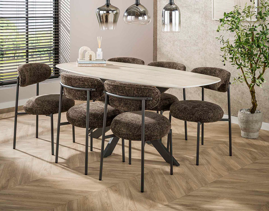 Table à manger plateau en céramique 3D effet travertin pieds en acier 4 à 6 personnes Ruben