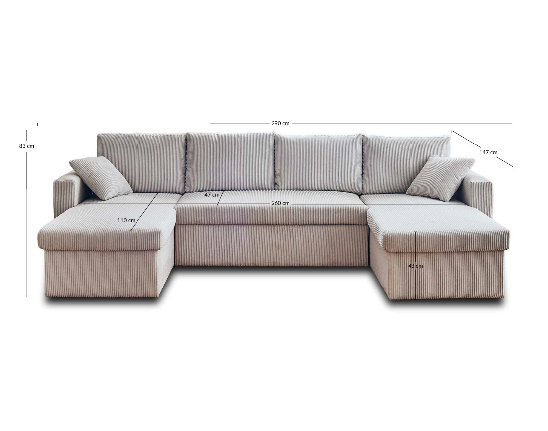 Canapé panoramique en U 7 places convertible avec coffre en velours côtelé Cyrus