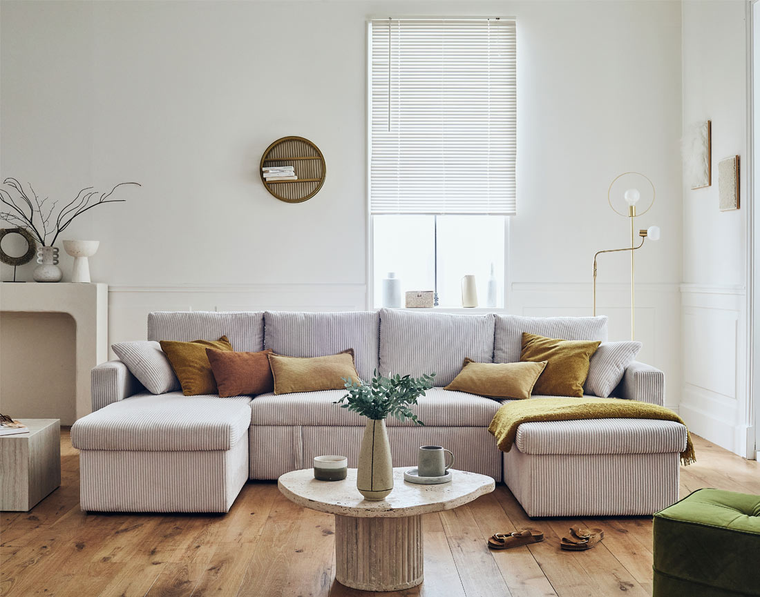 Canapé panoramique en U 7 places convertible avec coffre en velours côtelé Cyrus