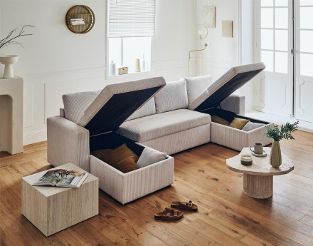 Canapé panoramique en U 7 places convertible avec coffre en velours côtelé Cyrus