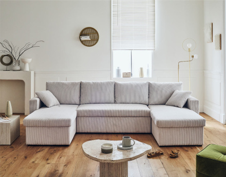 Canapé panoramique en U 7 places convertible avec coffre en velours côtelé Cyrus