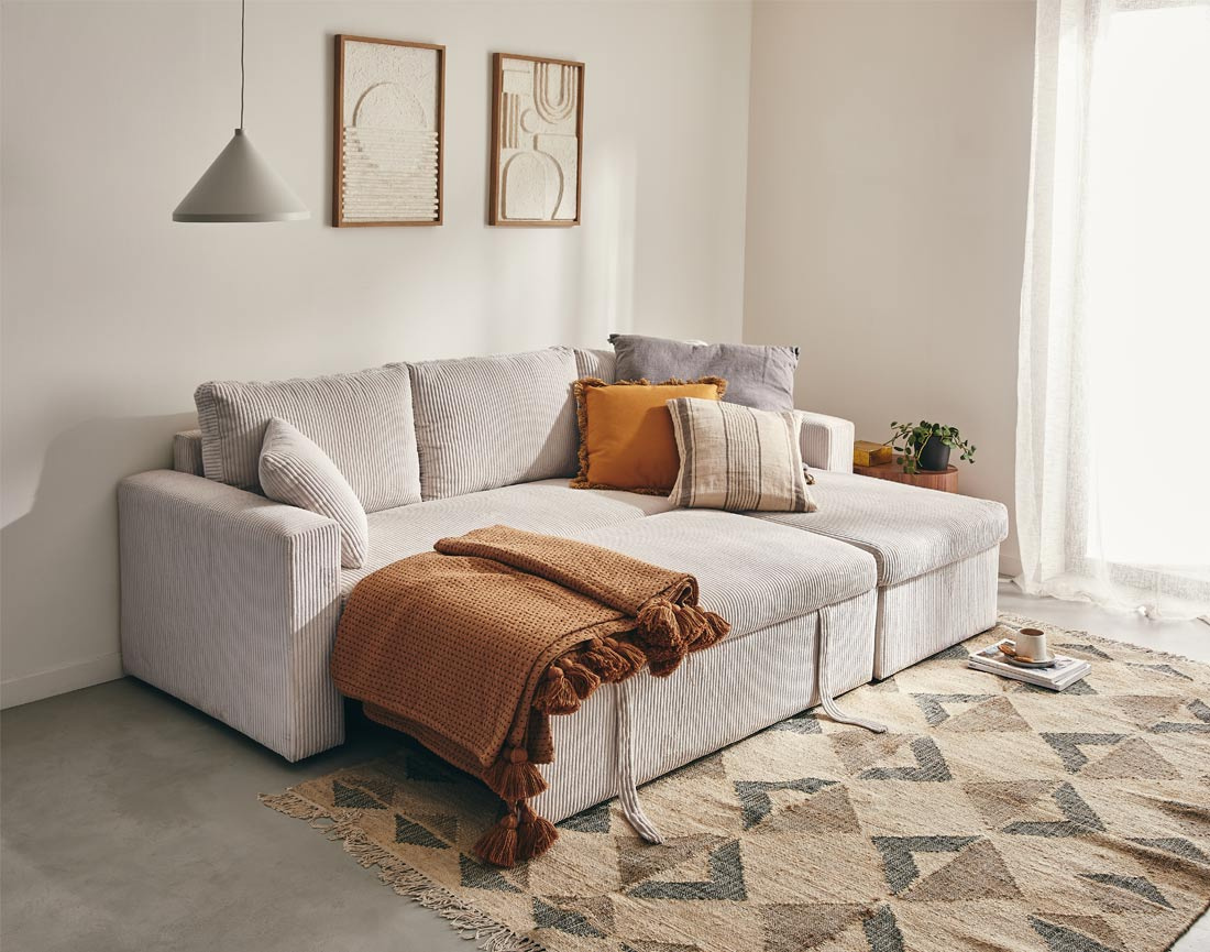 Canapé d'angle réversible 4 places convertible avec coffre en velours côtelé Cyrus