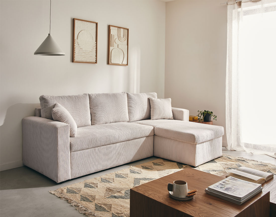 Canapé d'angle réversible 4 places convertible avec coffre en velours côtelé Cyrus