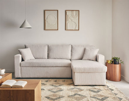 Canapé d'angle réversible 4 places convertible avec coffre en velours côtelé Cyrus