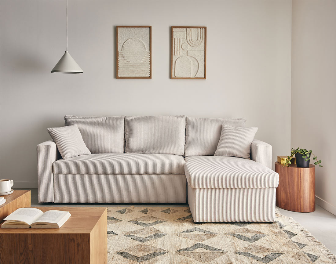 Canapé d'angle réversible 4 places convertible avec coffre en velours côtelé Cyrus