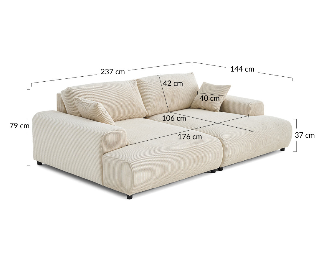 Canapé droit 4 places double méridienne en velours côtelé Garance