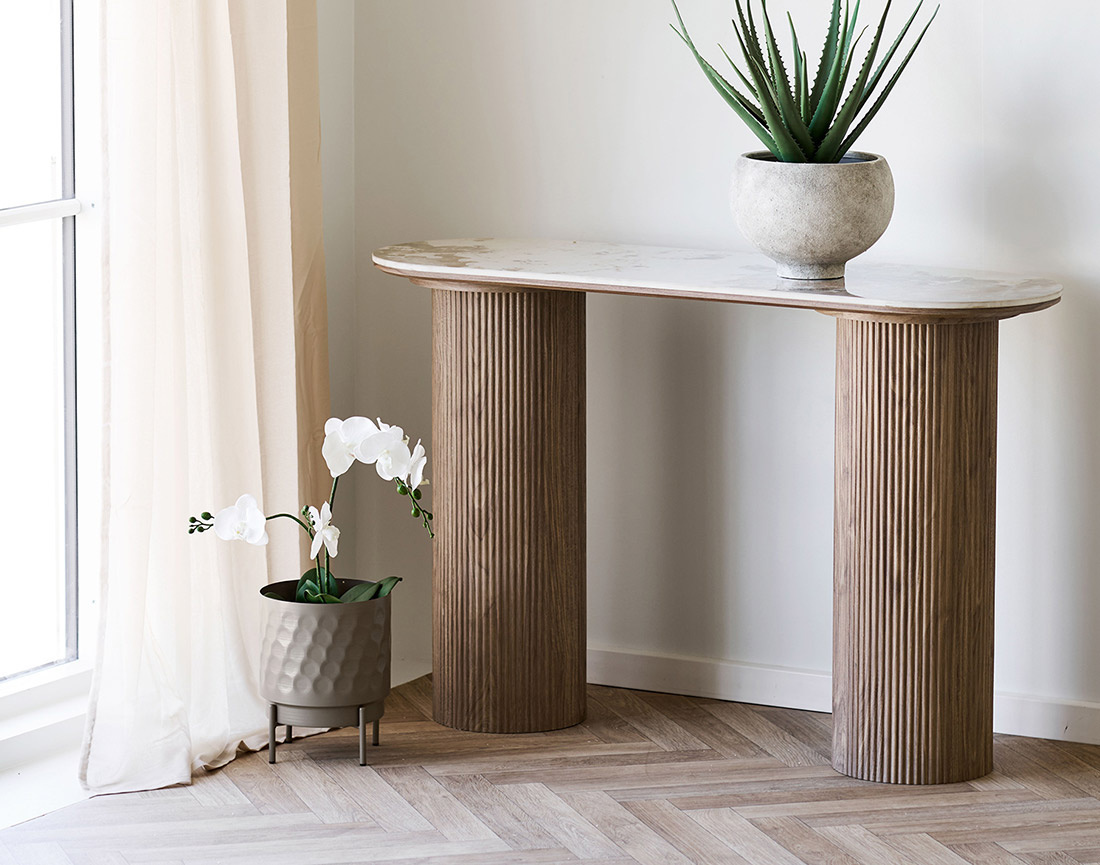 Console plateau effet marbre et pieds effets bois 78 cm Lysa