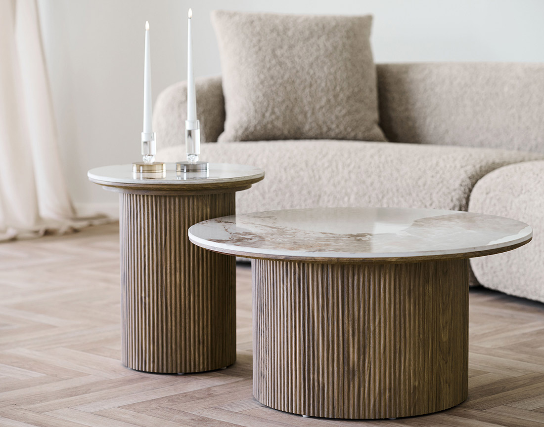 Bout de canapé plateau effet marbre et pieds effets bois 50 cm Lysa