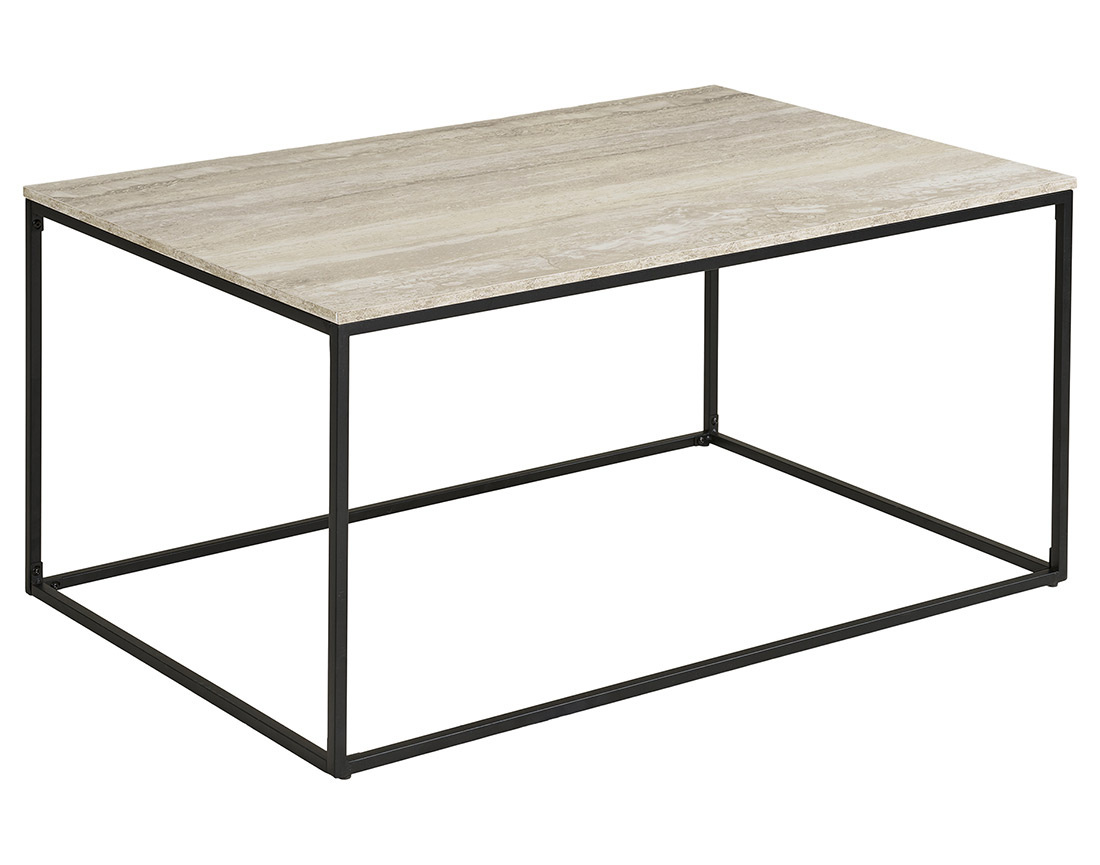 Table basse plateau effet travertin en FSC® 100% pieds en métal 90 cm Maya