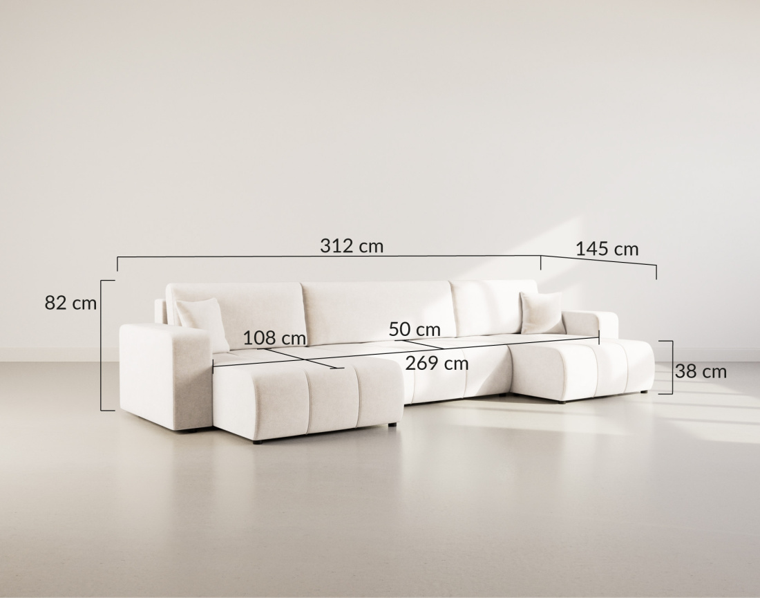 Canapé panoramique en U 7 places convertible avec coffre en tissu Nicole