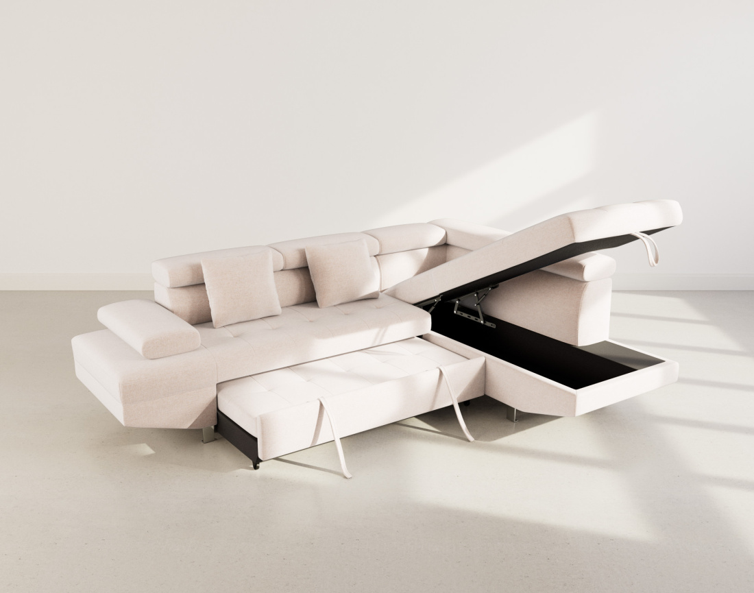 Canapé d'angle droit 5 places convertible avec coffre et têtières réglables en velours texturé Margaux