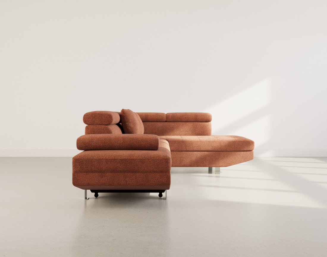 Canapé d'angle droit 5 places convertible avec coffre et têtières réglables en velours texturé Margaux