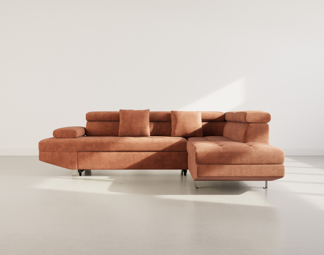 Canapé d'angle droit 5 places convertible avec coffre et têtières réglables en velours texturé Margaux