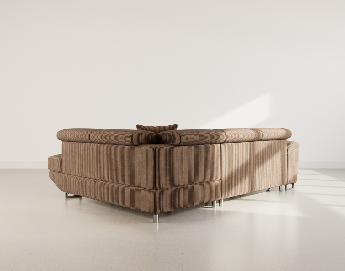 Canapé d'angle droit 5 places convertible avec têtières et coffre en velours côtelé Baoji