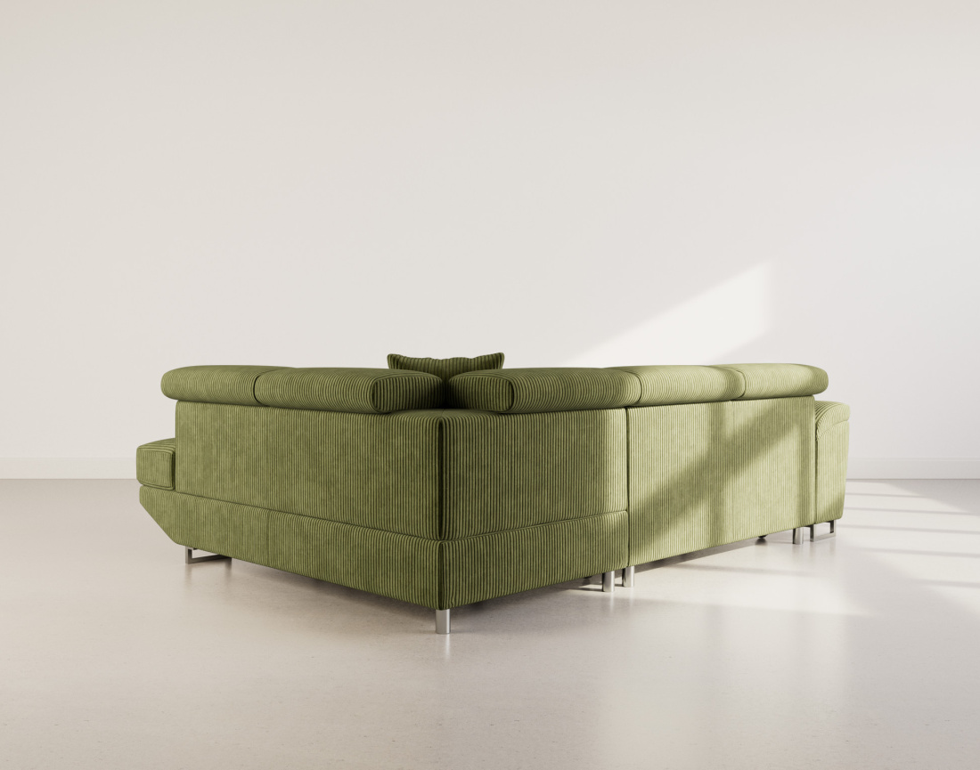 Canapé d'angle droit 5 places convertible avec têtières et coffre en velours côtelé Baoji