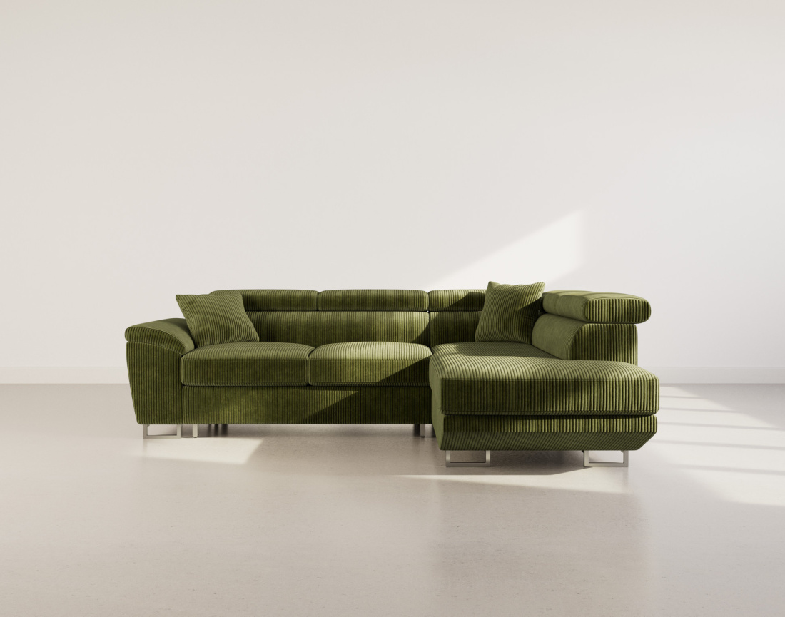 Canapé d'angle droit 5 places convertible avec têtières et coffre en velours côtelé Baoji