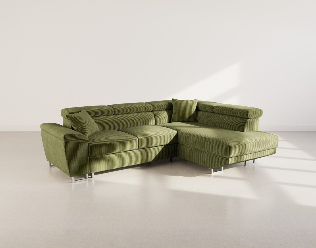 Canapé d'angle droit 5 places convertible avec têtières et coffre en velours côtelé Baoji