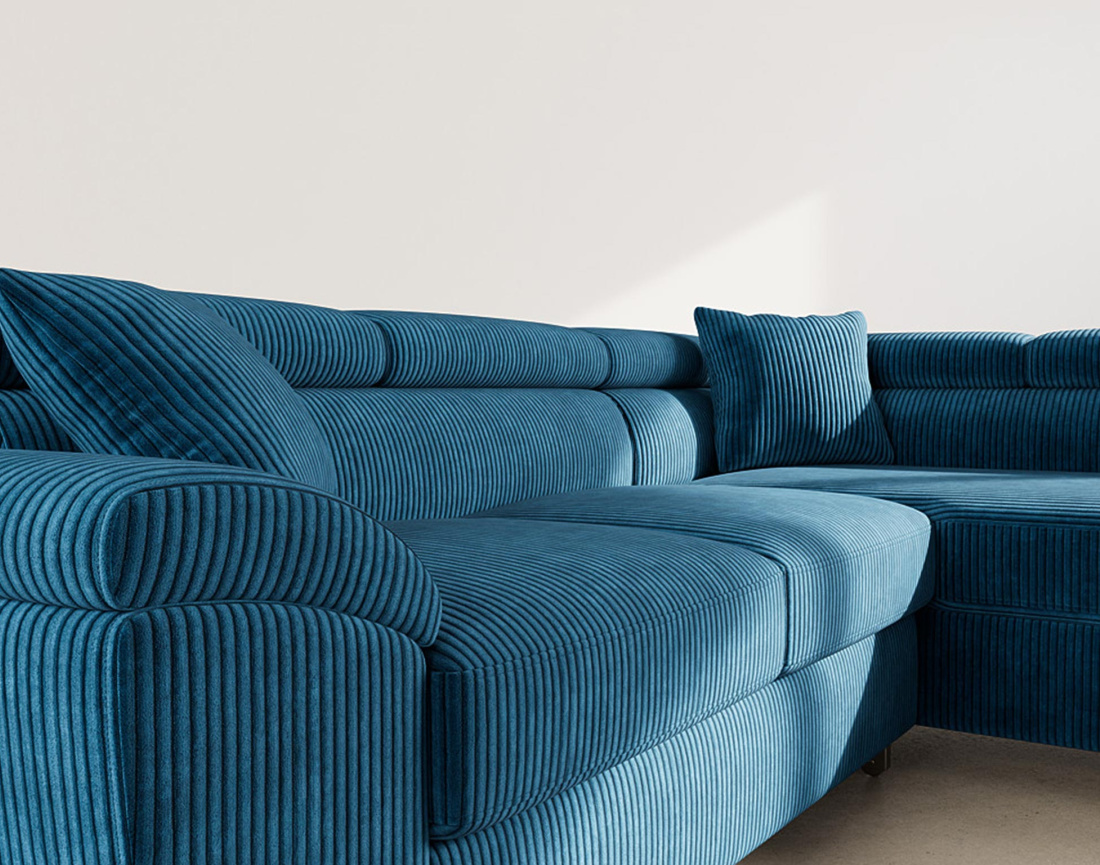 Canapé d'angle droit 5 places convertible avec têtières et coffre en velours côtelé Baoji