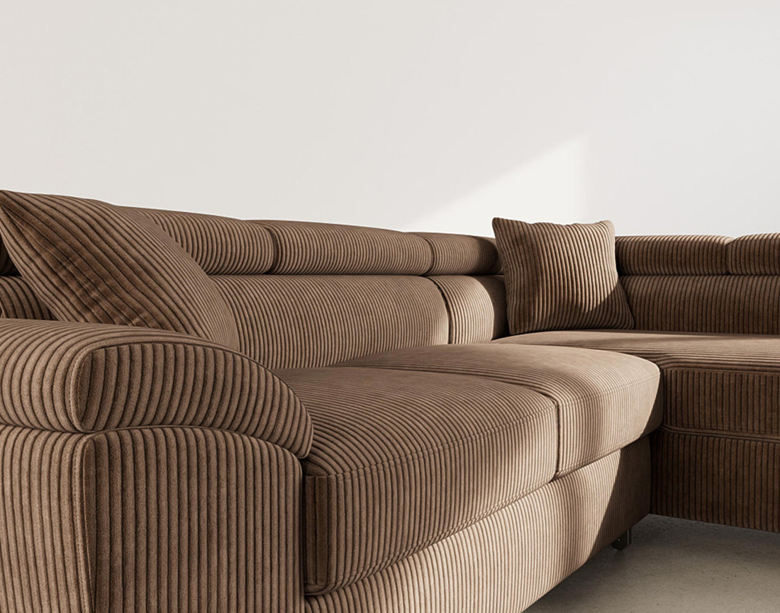 Canapé d'angle droit 5 places convertible avec têtières et coffre en velours côtelé Baoji