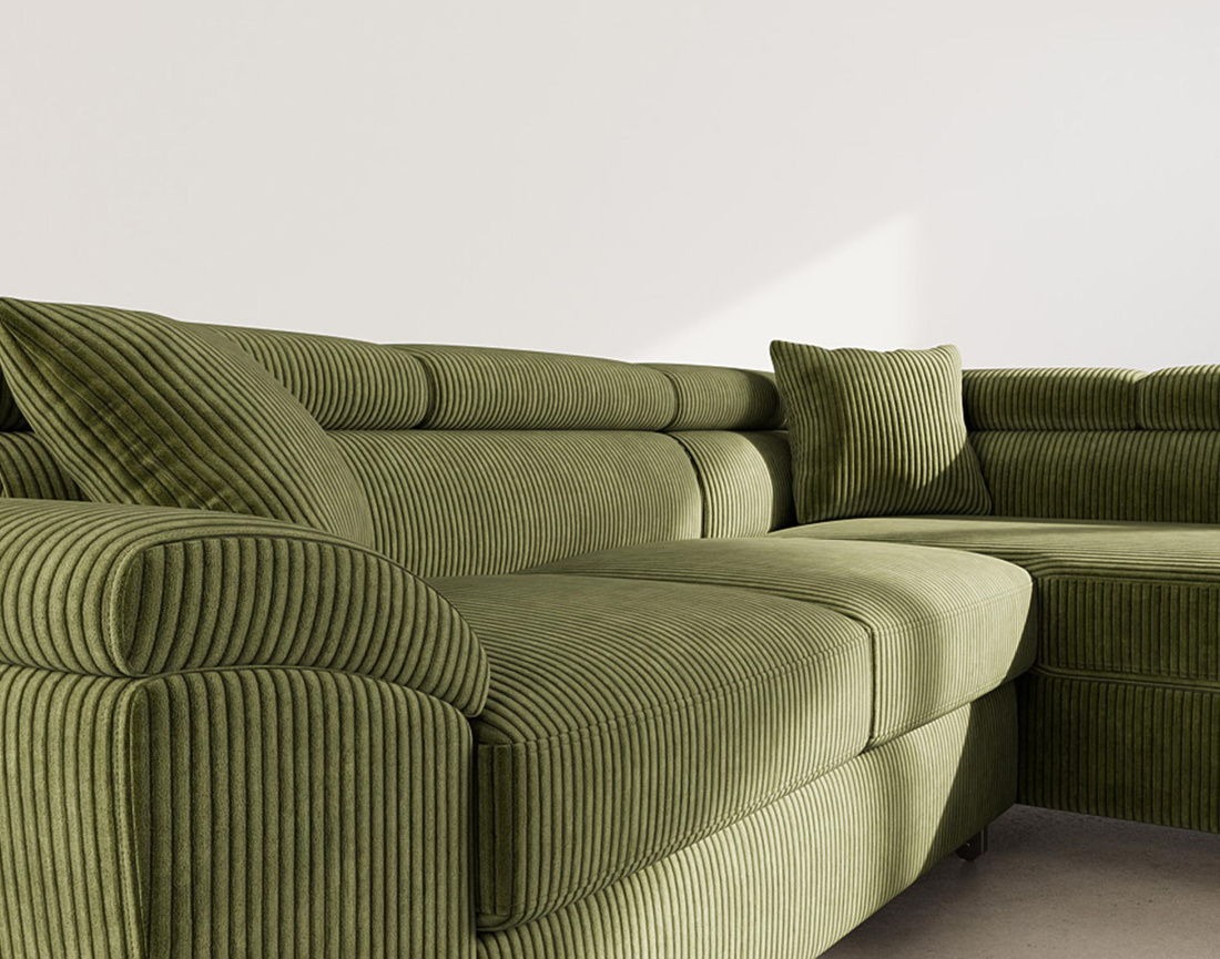 Canapé d'angle droit 5 places convertible avec têtières et coffre en velours côtelé Baoji