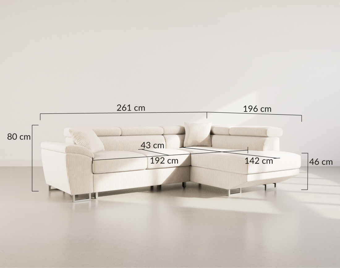 Canapé d'angle droit 5 places convertible avec têtières et coffre en velours côtelé Baoji