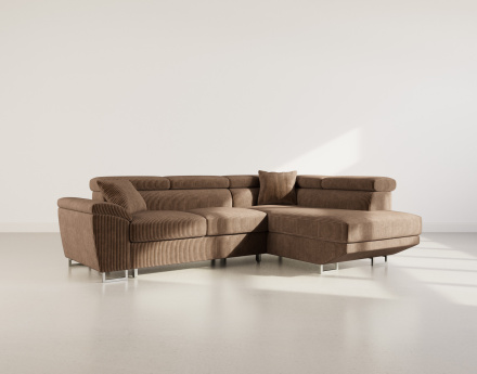 Canapé d'angle droit 5 places convertible avec têtières et coffre en velours côtelé Baoji